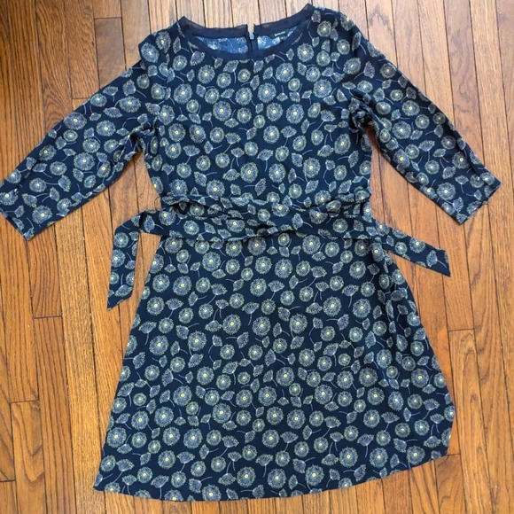 EUC dandelion print navy blue three quarter sleeve tie-waist RW & Co dress - Picture 1 of 7
